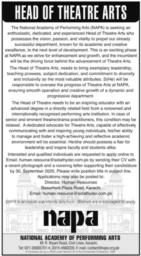 National Academy of Performing Arts NAPA Karachi Jobs 2025 Today Advertisement