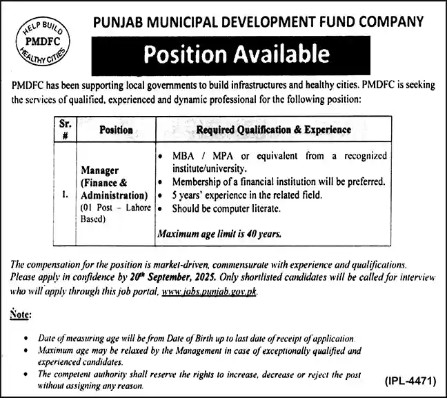 PMDFC Punjab Jobs 2025 Today Advertisement