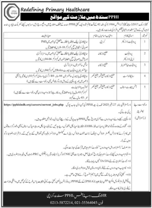 Redefining Primary Healthcare PPHI Sindh Jobs 2025 Today Advertisement
