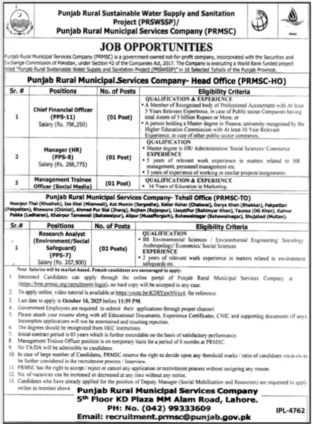 Punjab Rural Municipal Services Company Jobs 2025 Today Advertisement
