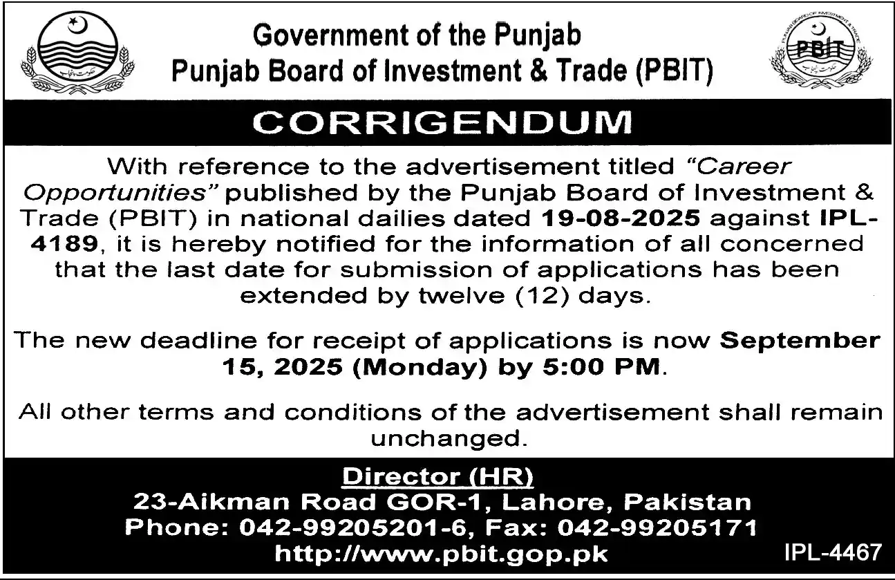 Punjab Board of Investment and Trade PBIT Jobs 2025 Today Advertisement