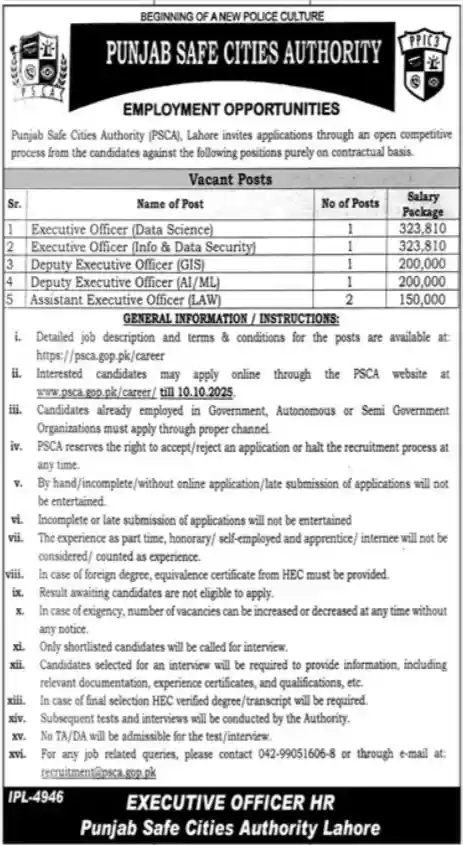 Punjab Safe Cities Authority PSCA Lahore Jobs 2025 Today Advertisement