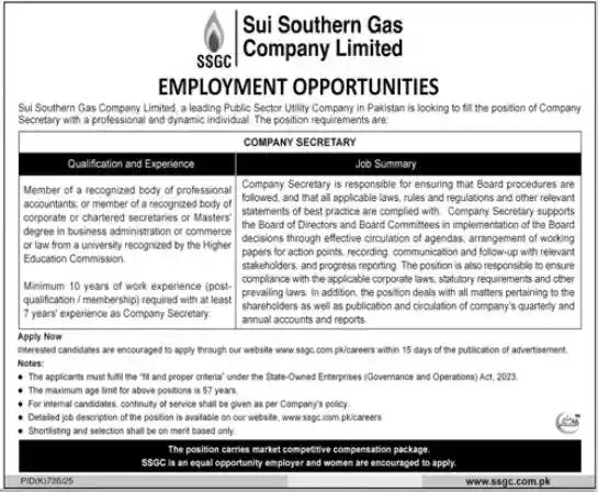 Sui Southern Gas Company Limited SSGC Jobs 2025 Latest Advertisement