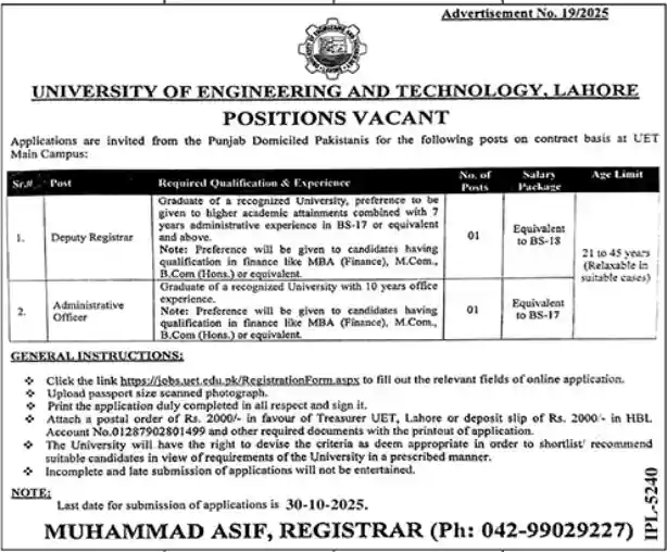 University Of Engineering and Technology UET Lahore Jobs 2025 Advertisement