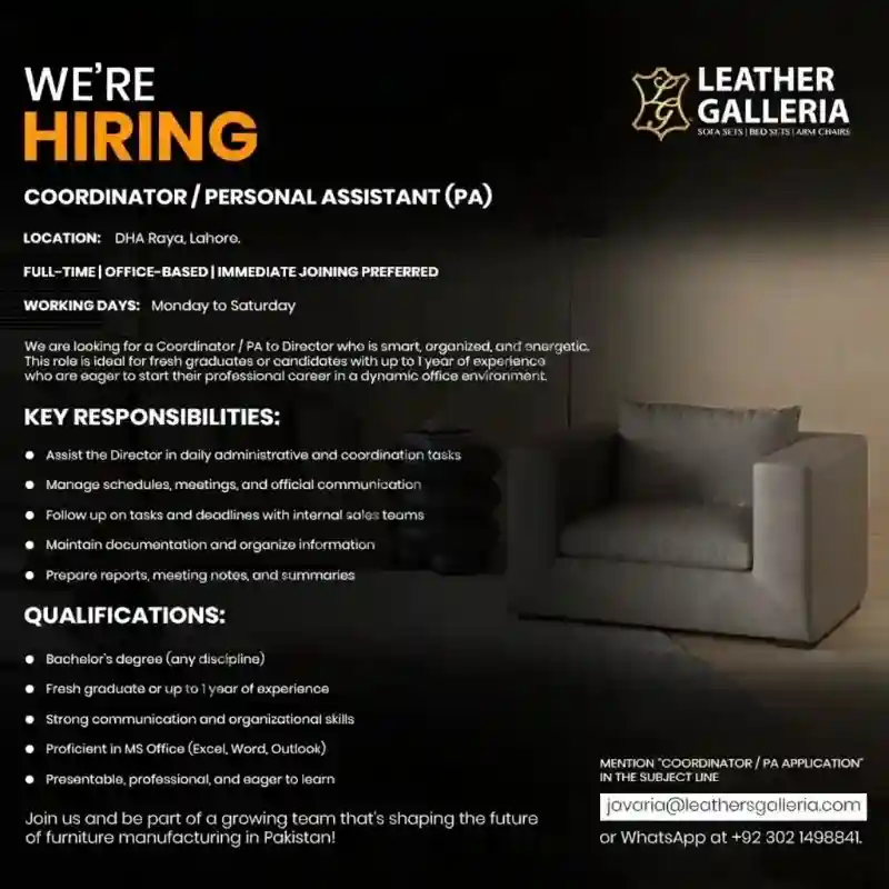 Leather Galleria Jobs Coordinator Personal Assistant PA 2025 ad