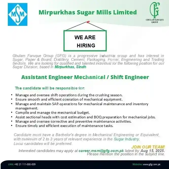 Mirpurkhas Sugar Mills Limited Jobs Assistant Engineer Mechanical Shift Engineer 2025 ad