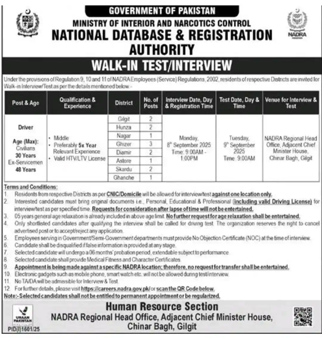 NADRA Civilian Jobs 2025 ad