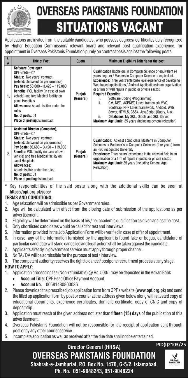 Overseas Pakistanis Foundation OPF Jobs in September 2025 Advertisement