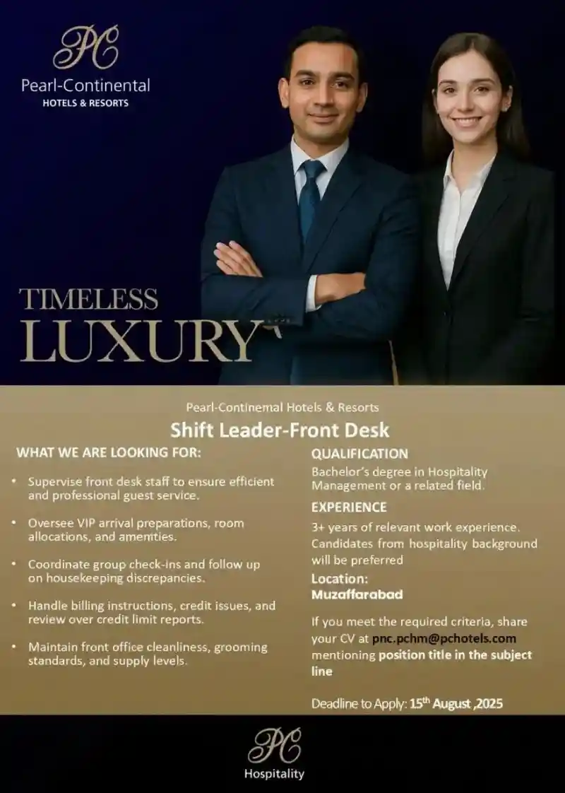 PC Pearl Continental Hotels & Resorts Jobs Shift Leader Front Desk 2025 ad