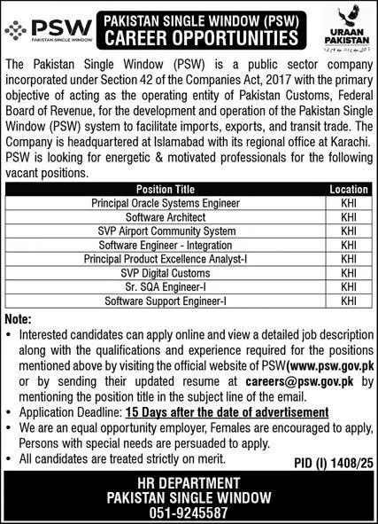 Pakistan Single Window PSW Jobs 2025 Advertisement