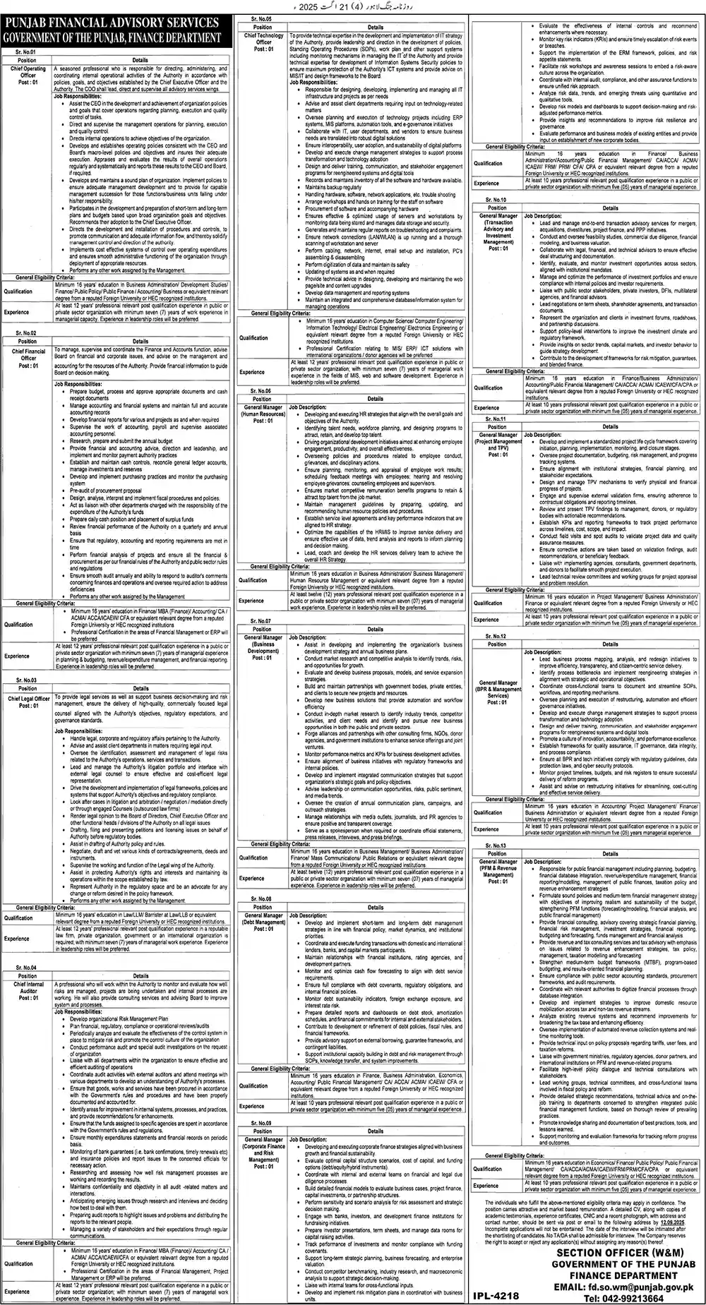 Punjab Financial Advisory Services PFAS Jobs 2025 Advertisement