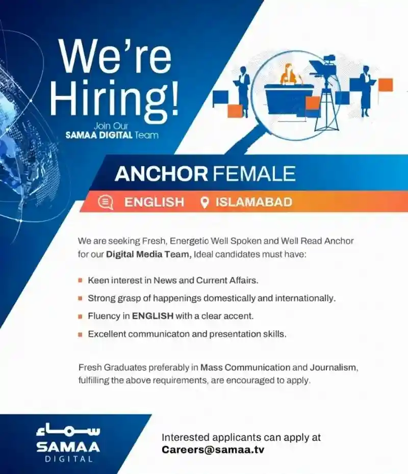 SAMAA Digital Jobs Female English Anchor 2025 ad