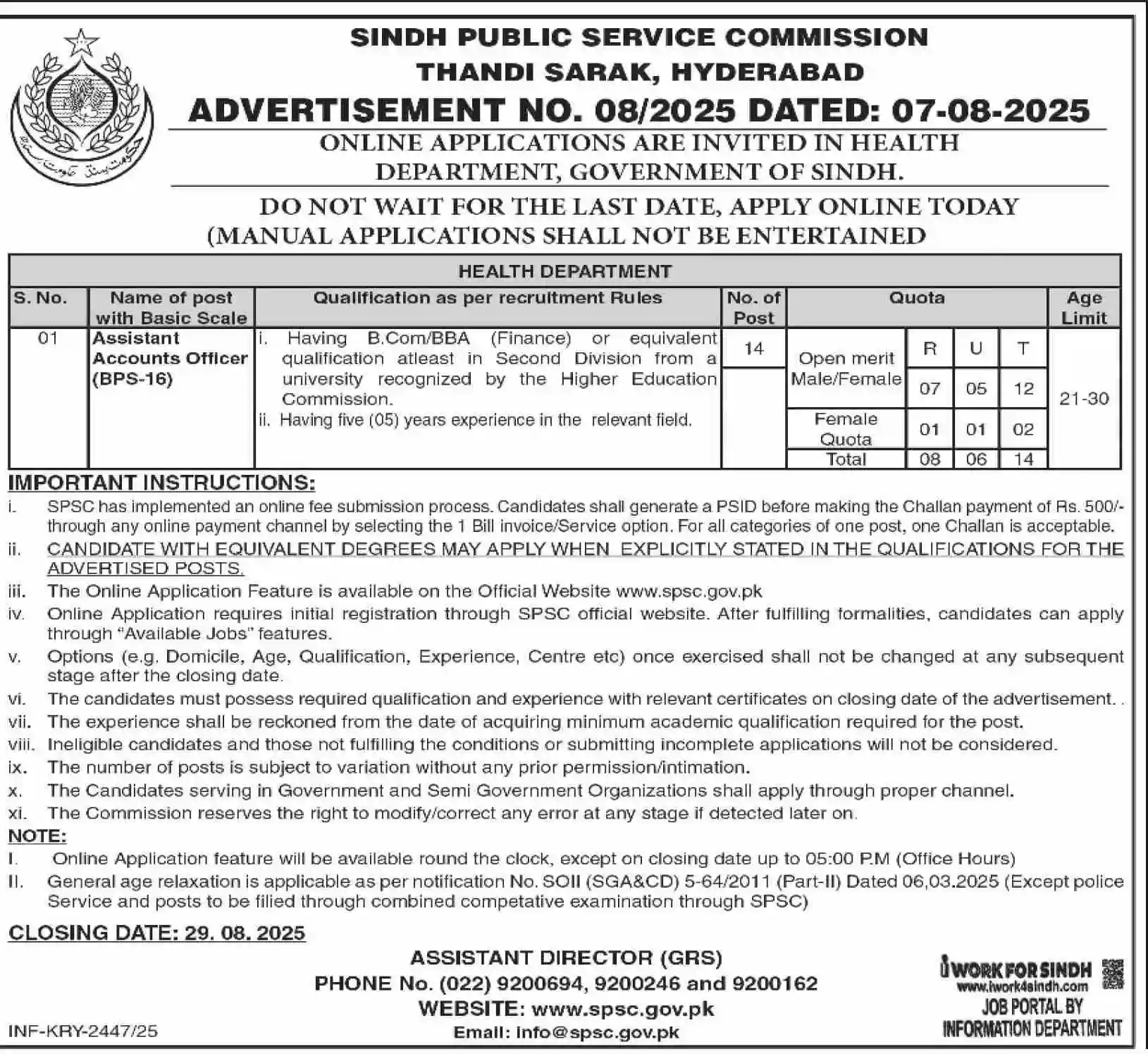 SPSC Health Department Jobs Advertisment No 08 2025