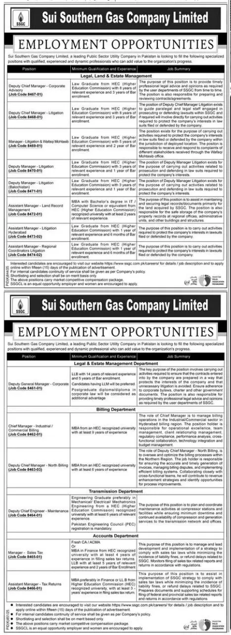 Sui Southern Gas Company Limited SSGC Jobs 2025 Advertisement