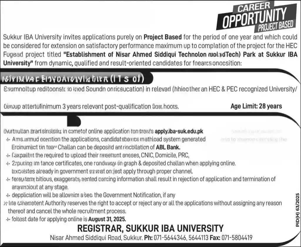 Sukkur IBA University Jobs Assistant Engineer 2025 ad