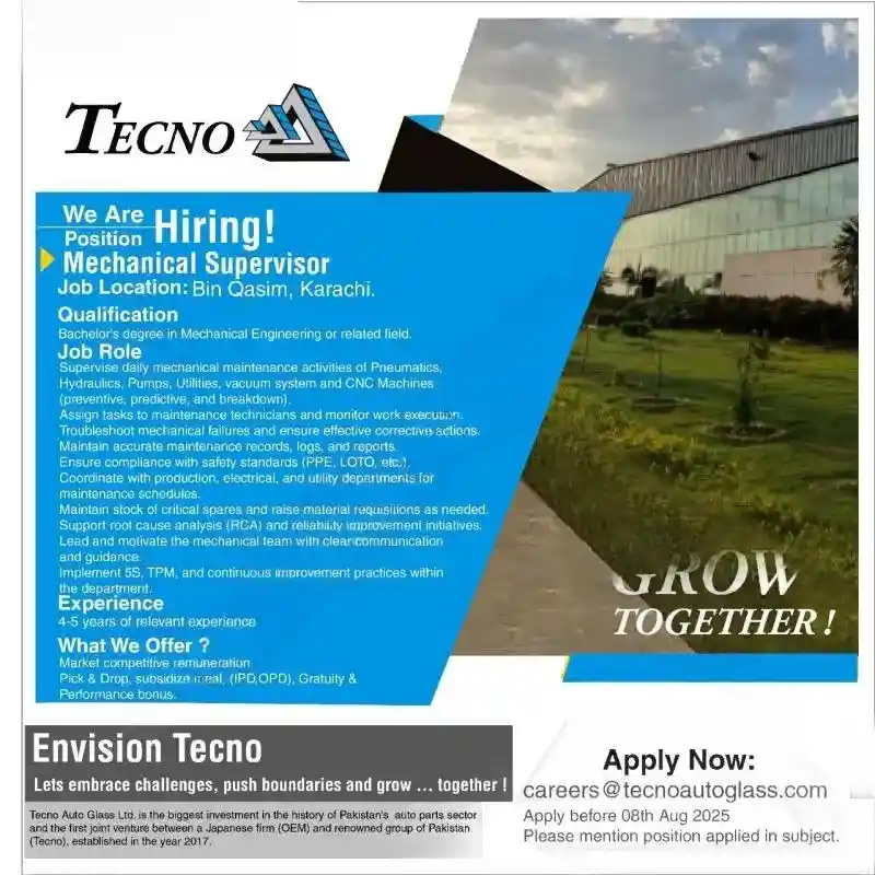 Techno Auto Glass Ltd Jobs Mechanical Supervisor 2025 ad