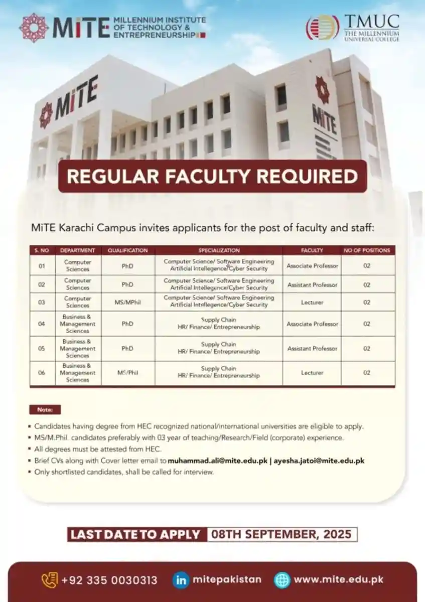 The Millennium Institute of Technology and Entrepreneurship MiTE Jobs 2025 ad