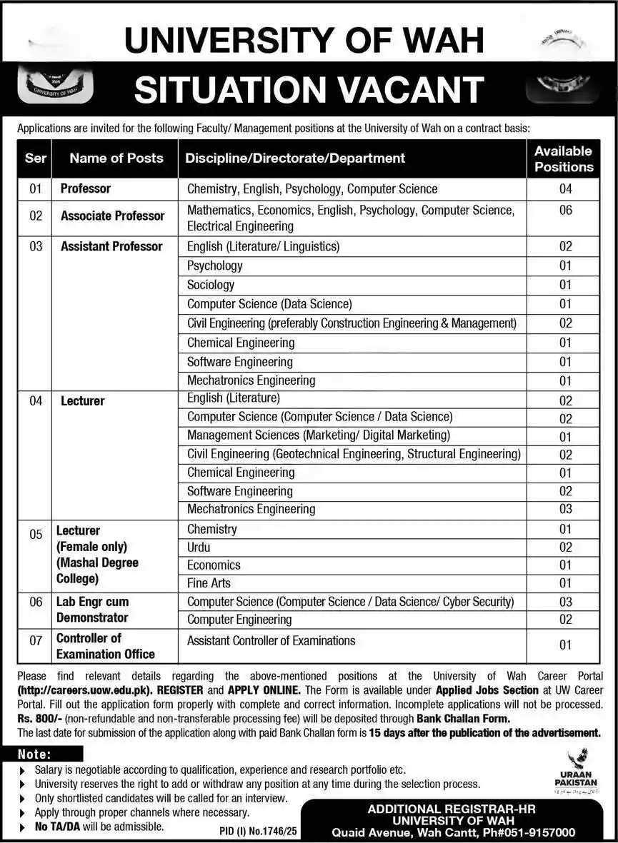 University of Wah Faculty Jobs 2025 ad