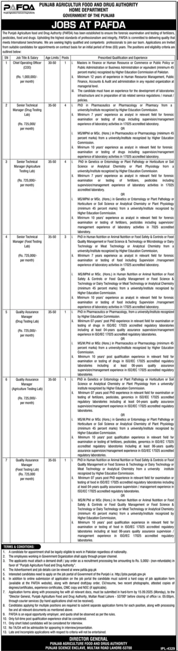 pk Punjab Agriculture, Food and Drug Authority Jobs 2025 Advertisment