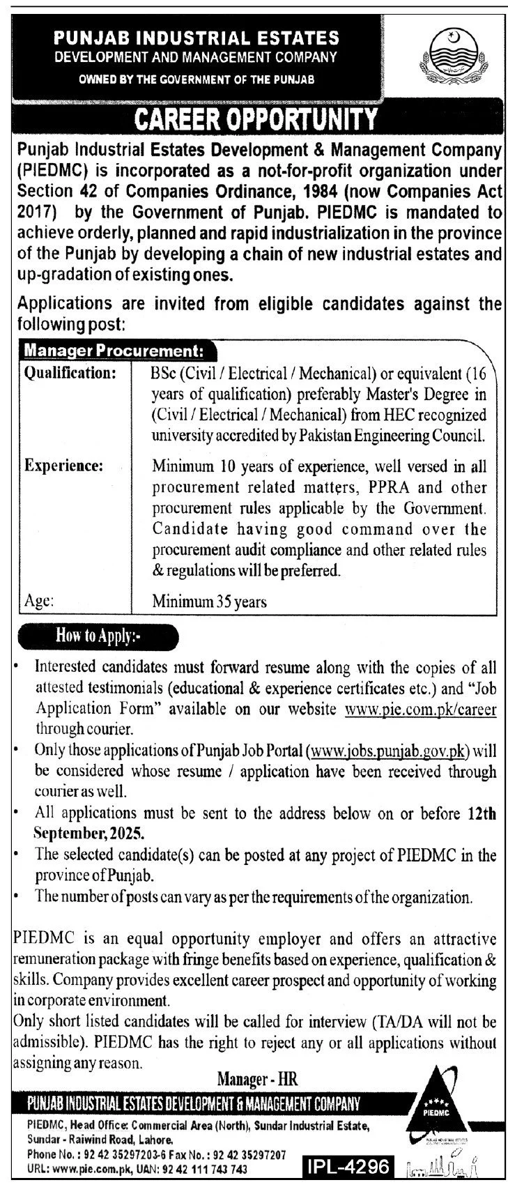 pk Punjab Industrial Estates Development and Management Company PIEDMC Jobs 2025 Advertisement