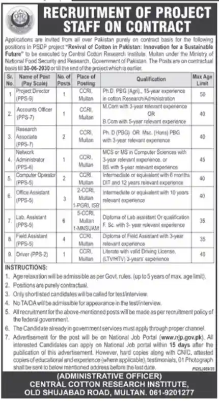 Central Cotton Research Institute Jobs 2025