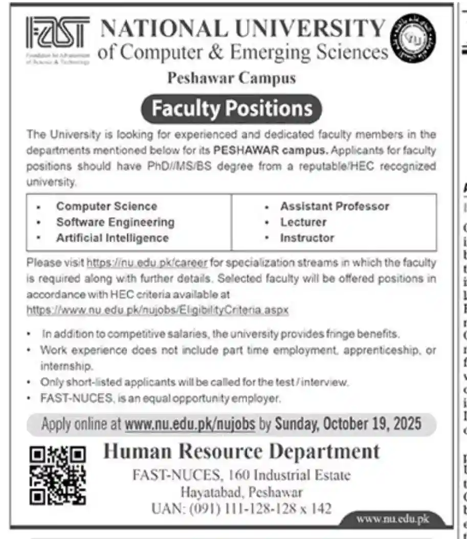 FAST NUCES Peshawar Faculty Jobs 2025 ad