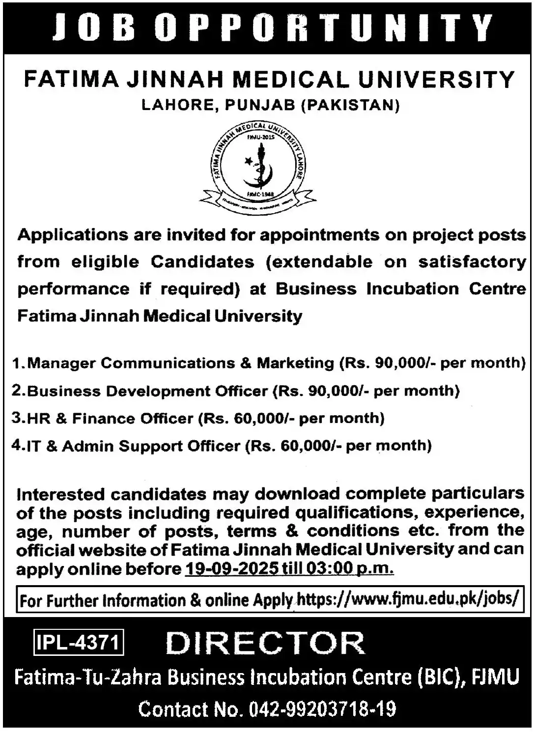 Fatima Jinnah Medical University Jobs 2025 Advertisement