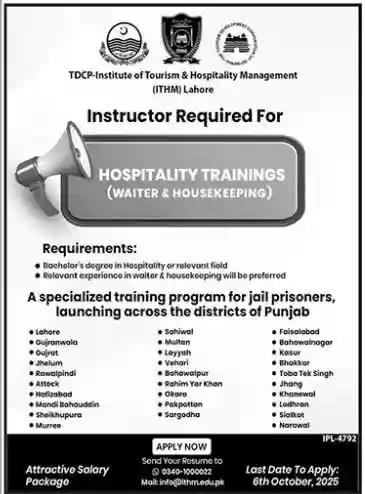 Hospitality Training Instructor Jobs in Punjab 2025 ad