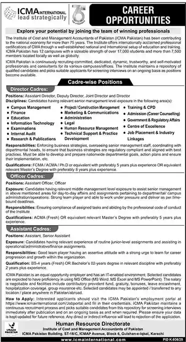 Institute of Cost & Management Accountants of Pakistan ICMA Jobs 2025 ad