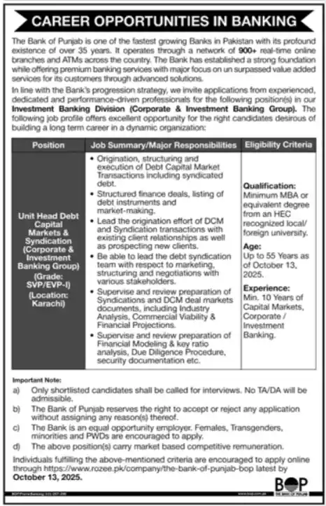 Bank Of Punjab BOP Jobs In September 2025 Advertisement