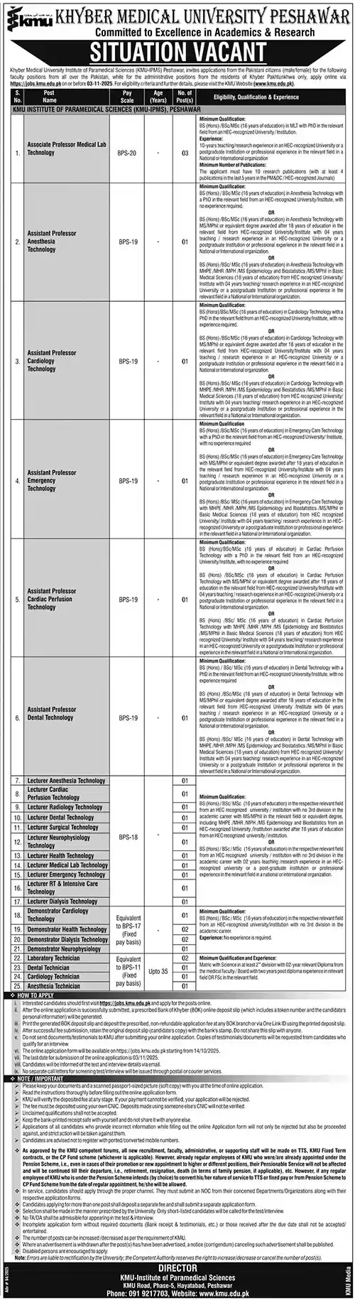 Khyber Medical University KMU Jobs 2025 Today Advertisement