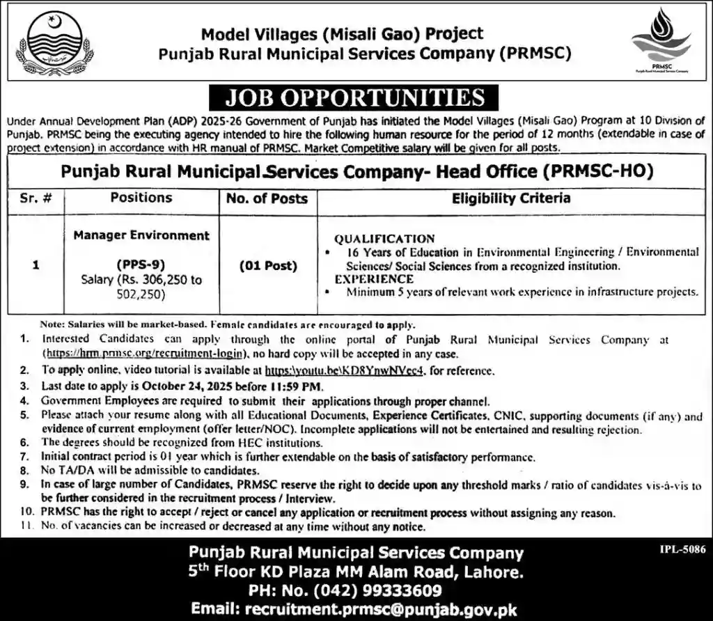 Punjab Rural Municipal Services Company PRMSC Jobs in October 2025 Today Advertisement