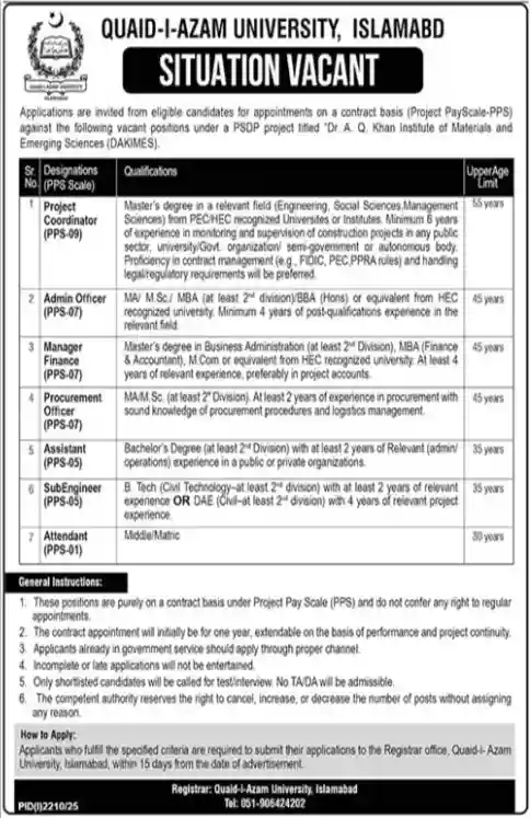 Quaid i Azam university Jobs 2025 Today Advertisement