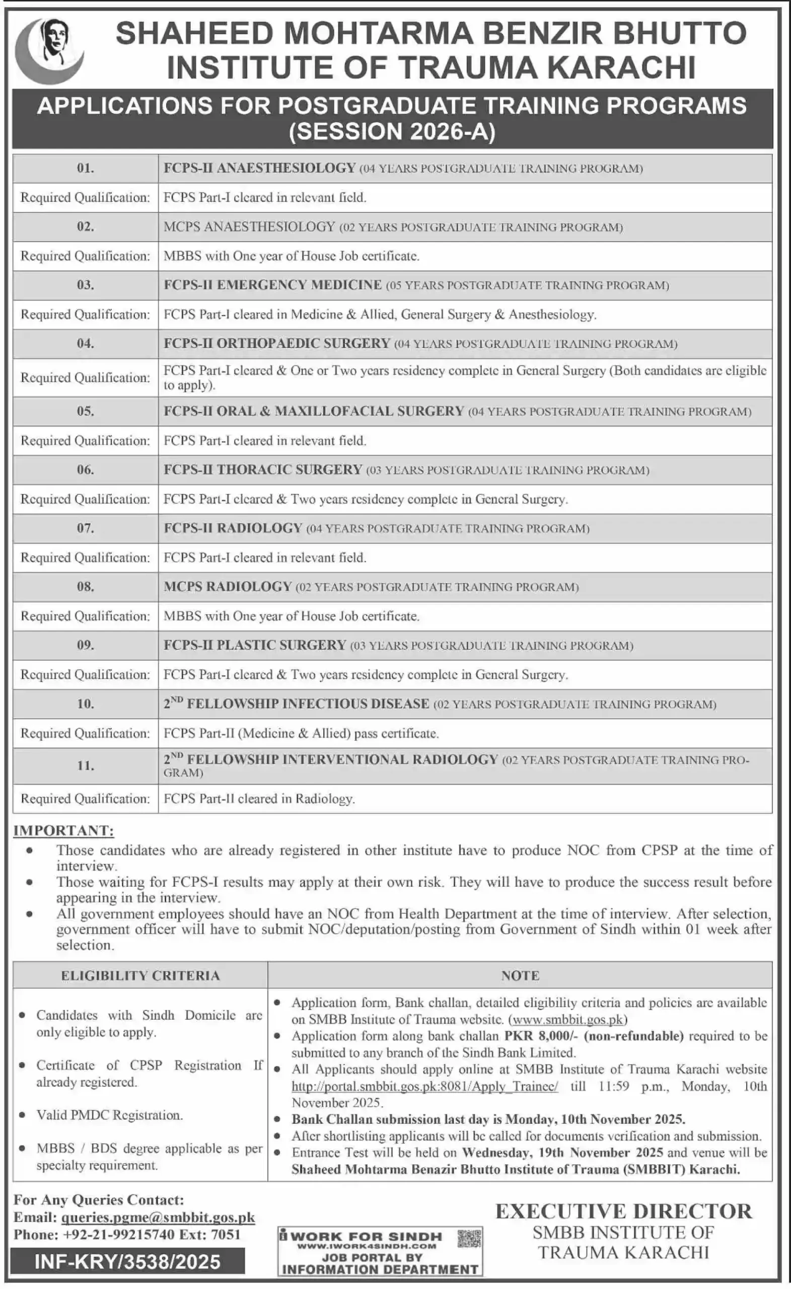  Shaheed Mohtarma Benazir Bhutto Institute of Trauma SMBBIT Jobs 2025 Today Advertisement