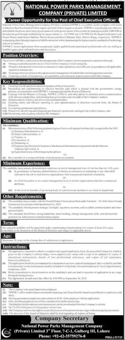NPPMCL CEO Jobs 2025 ad