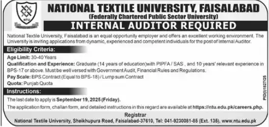 National Textile University Jobs July 2025 Advertisement: