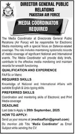 PAF Media Coordinator Jobs 2025 ad