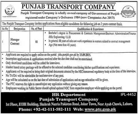 Punjab Transport Company Latest Jobs 2025 ad