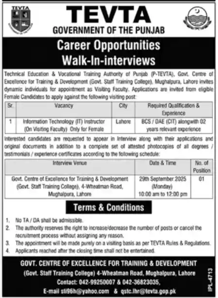 TEVTA Information Technology Instructor Jobs 2025 ad