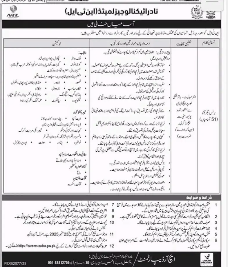 careers.nadra.gov.pk NTL Jobs 2025 Advertisement
