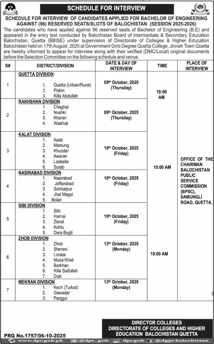 Balochistan Engineering Interview Schedule 2025 ad
