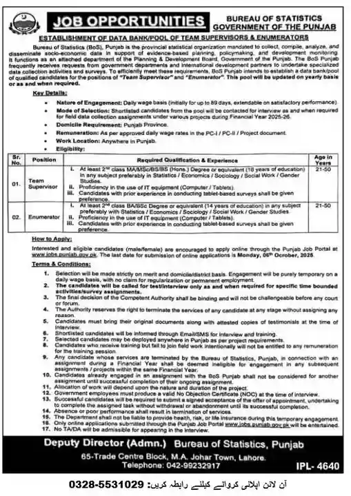 Bureau of Statistics Punjab Jobs 2025 ad