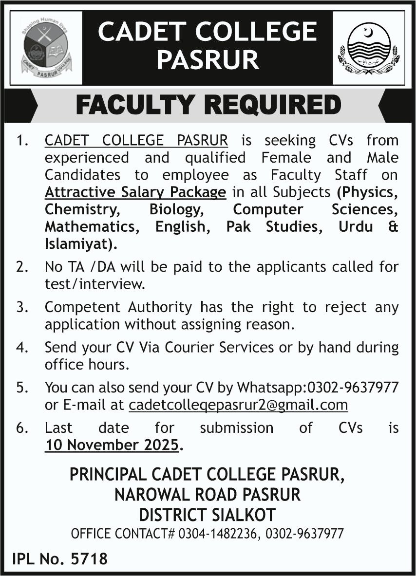 Cadet College Pasrur Faculty Jobs 2025