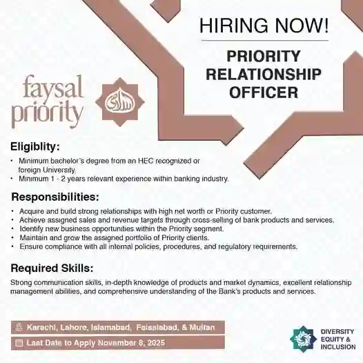 Faysal Bank Priority Relationship Officer Jobs 2025 ad