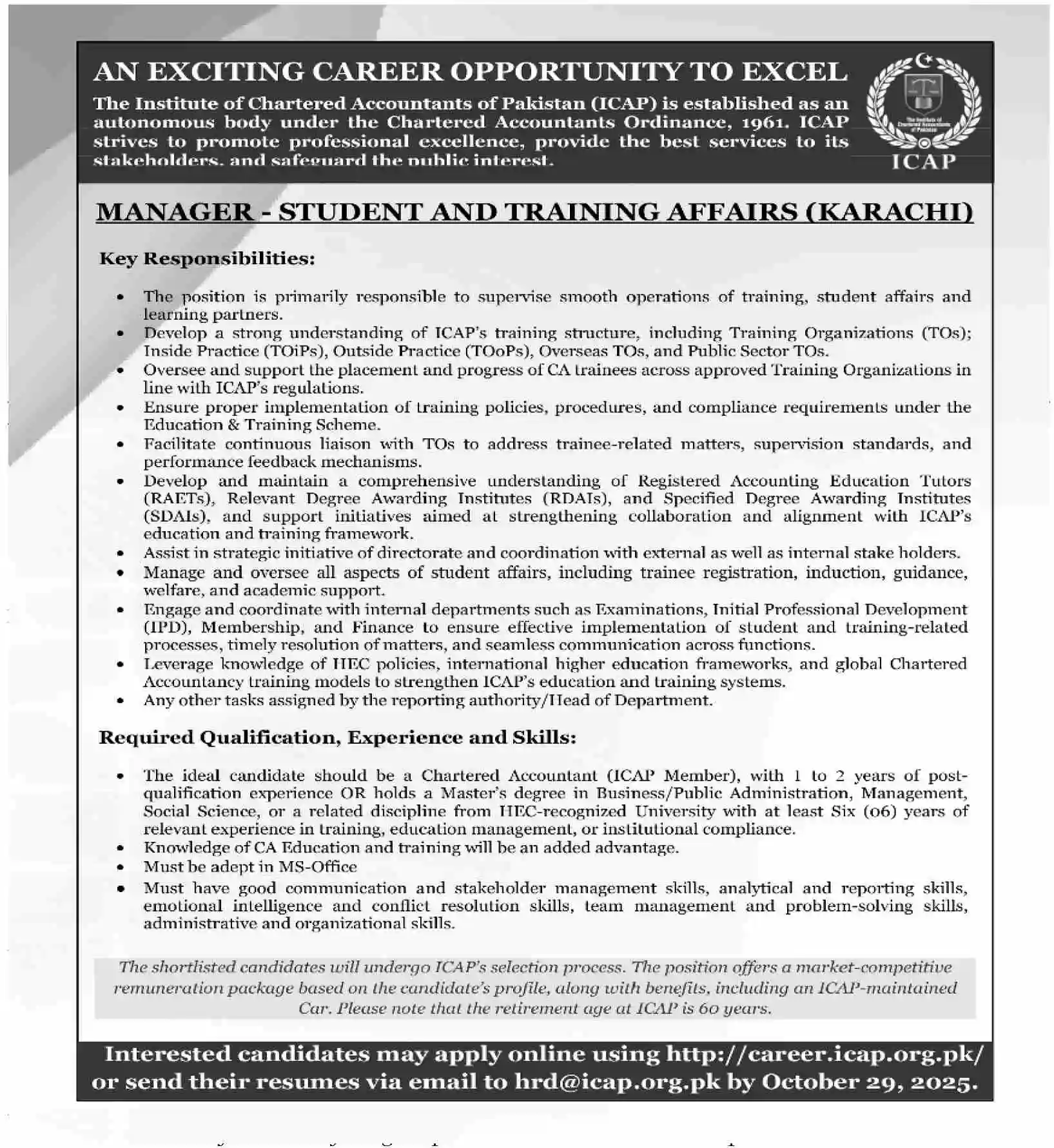 ICAP Karachi Manager Student & Training Affairs Jobs 2025 ad