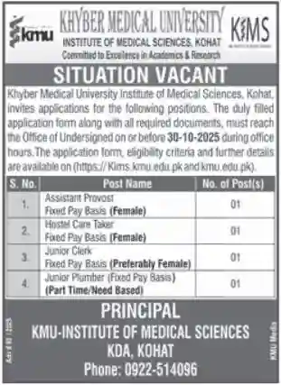 Khyber Medical University Kohat Jobs 2025 ad