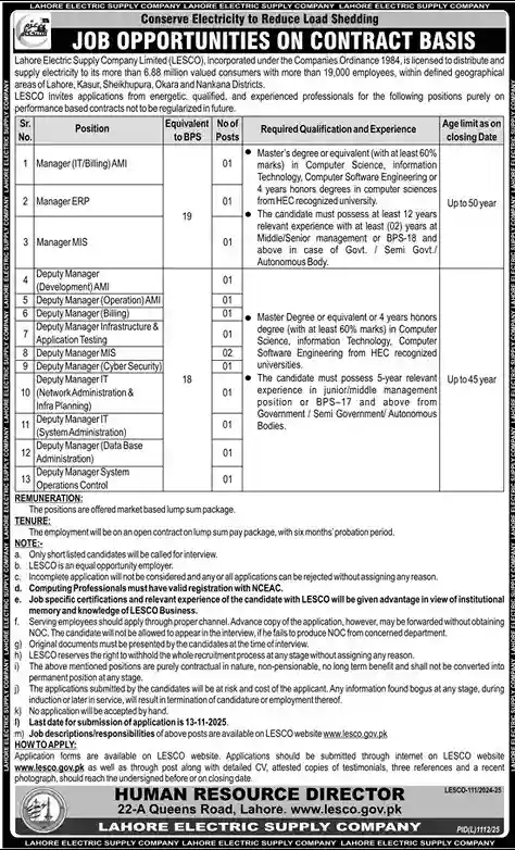 LESCO Deputy Manager Operation Job in Lahore in Lahore Electric Supply Company Lahore 2025 Advertisement