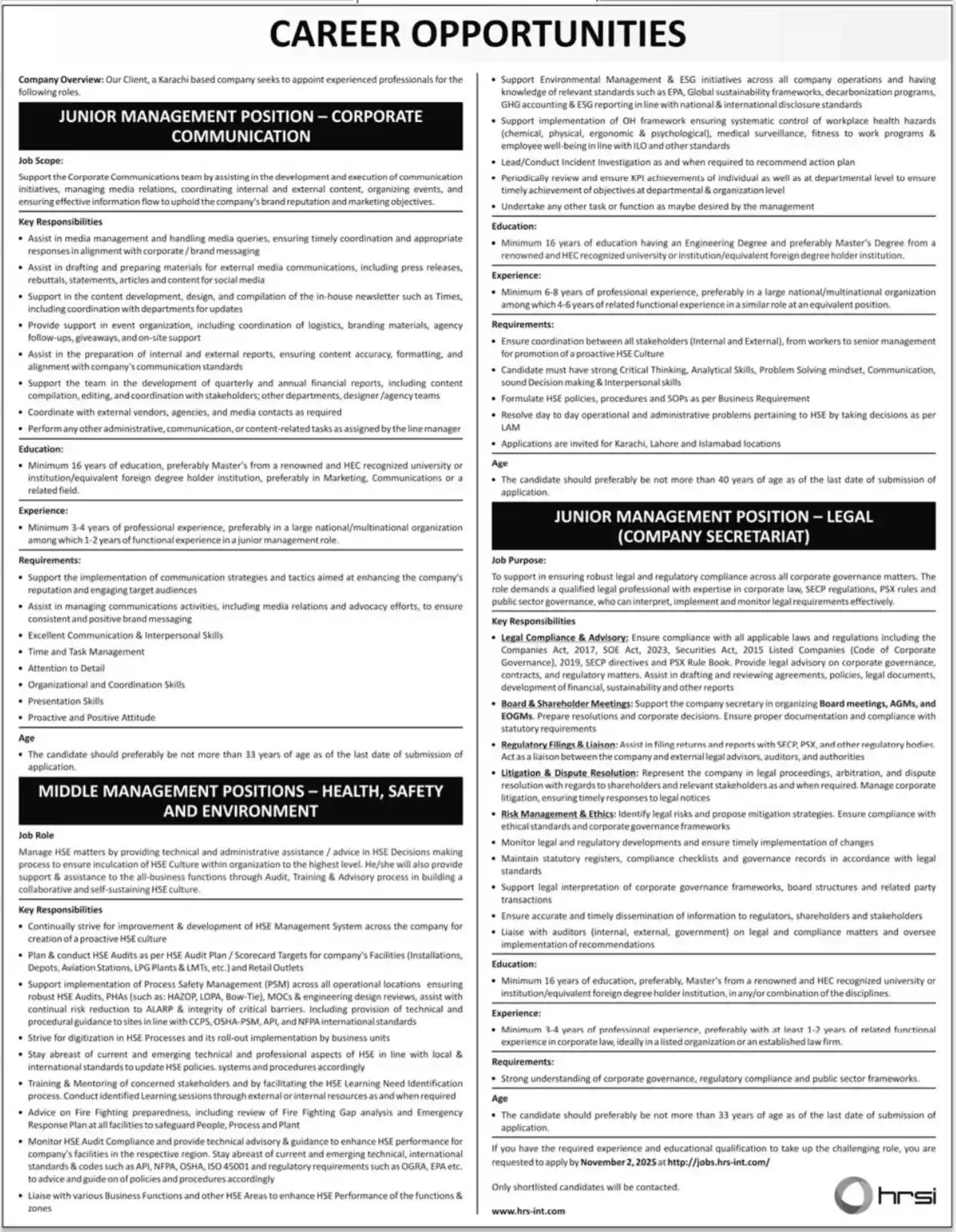 HRSI HR Management Position Jobs Today Advertisement
