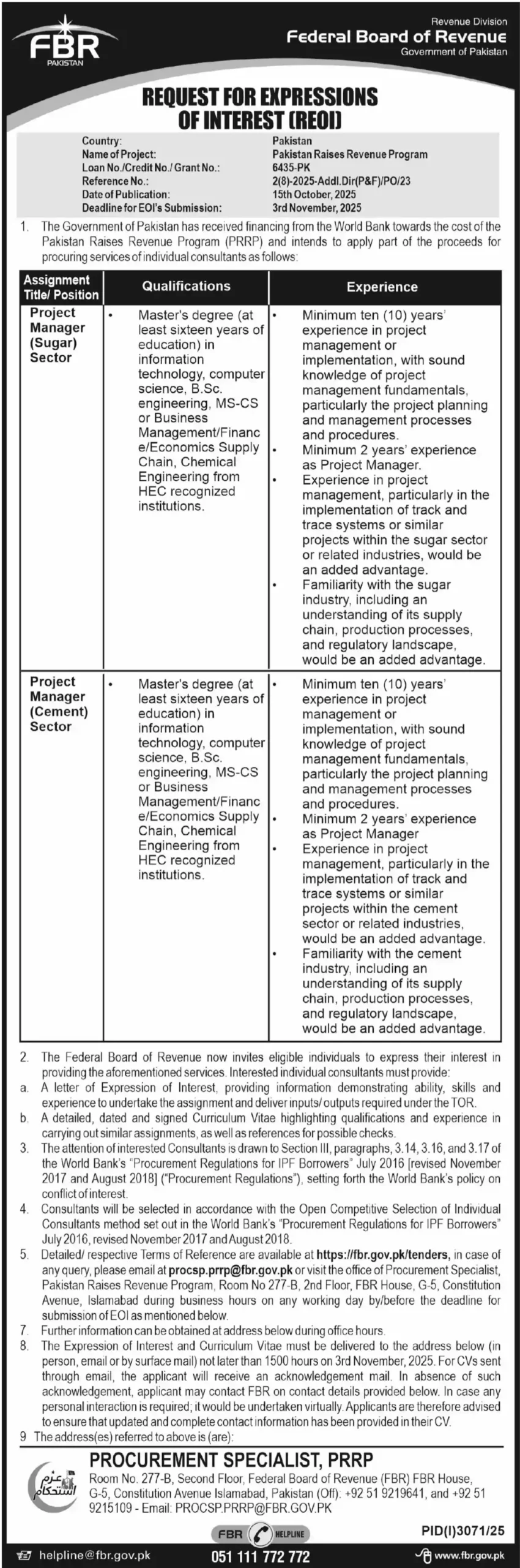 Federal Board of Revenue FBR Jobs in October 2025 Advertisement
