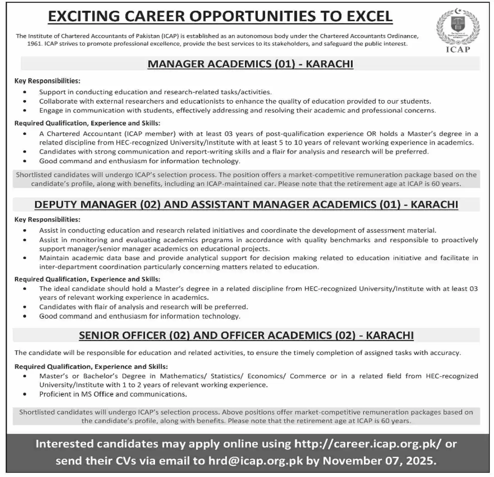 Institute Of Chartered Accountant Of Pakistan ICAP Jobs 2025 Advertisement